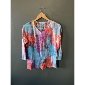 Jess & Jane Womens Blue Red Tie Dye 3/4 Sleeve Sheer Shirt size Small